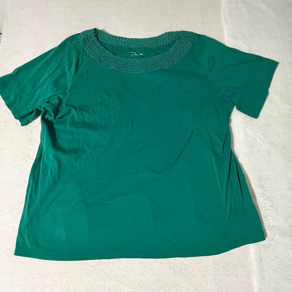 Croft & Barrow Womens 2X Emerald Green Crochet Neck Short Sleeve Cotton Top